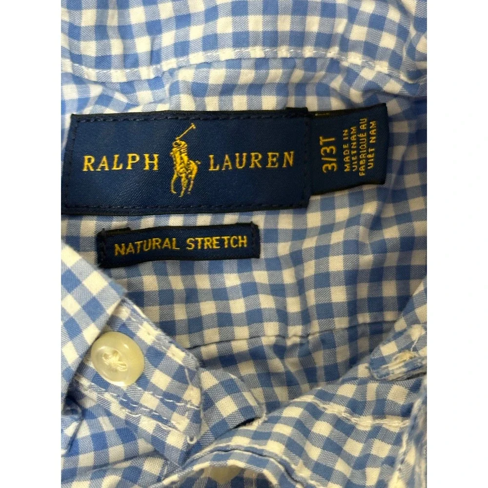 Ralph Lauren Button Down Shirt Toddler Boy 3/3T Blue Gingham Short Sleeve Good